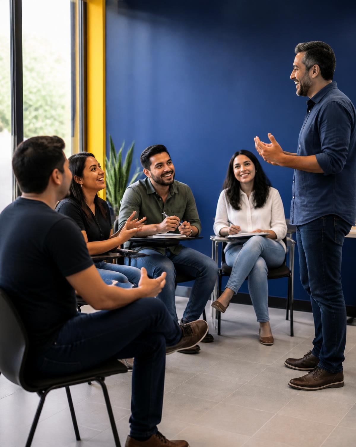 Alumnos de Rise Up conversando en una clase de inglés
